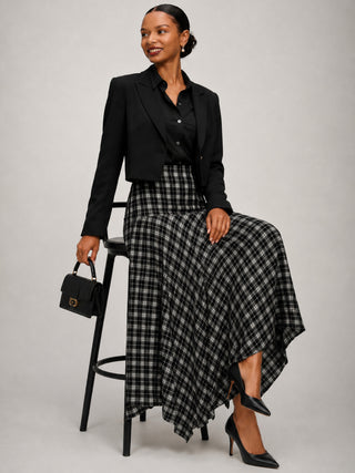 Plaid Asymmetric Maxi Skirt, Black Check