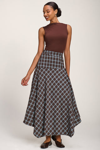 Plaid Asymmetric Maxi Skirt, Brown Check