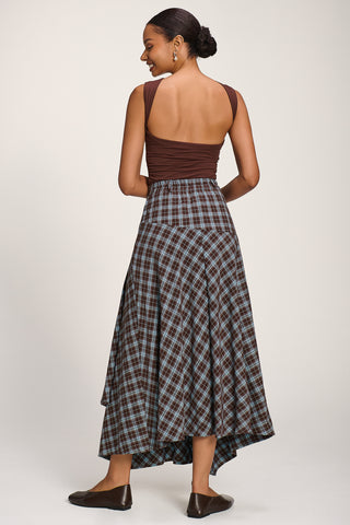 Plaid Asymmetric Maxi Skirt, Brown Check