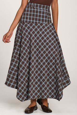 Plaid Asymmetric Maxi Skirt, Brown Check