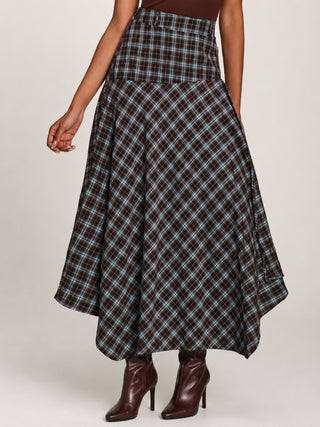 Plaid Asymmetric Maxi Skirt, Brown Check