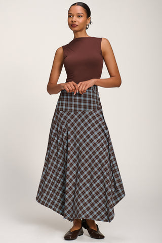Plaid Asymmetric Maxi Skirt, Brown Check