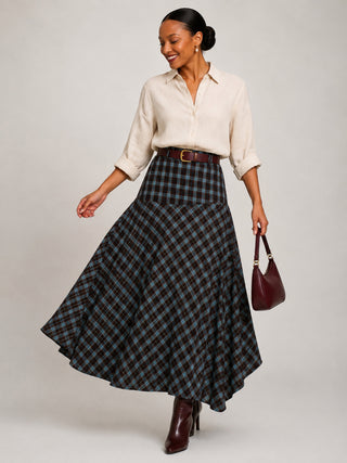 Plaid Asymmetric Maxi Skirt, Brown Check