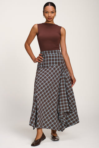 Plaid Asymmetric Maxi Skirt, Brown Check