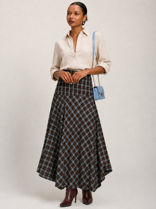 Plaid Asymmetric Maxi Skirt, Brown Check