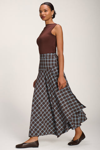 Plaid Asymmetric Maxi Skirt, Brown Check