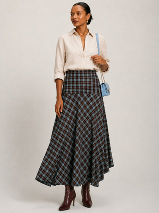 Plaid Asymmetric Maxi Skirt, Brown Check