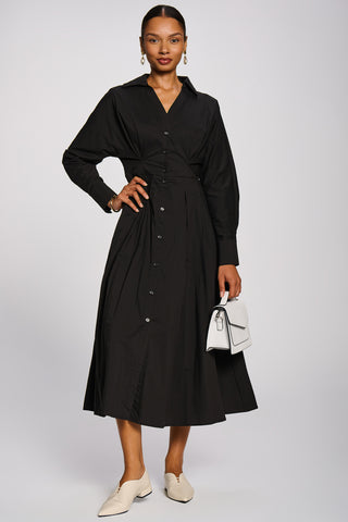 Long Sleeve Cotton Shirt Dress, Black