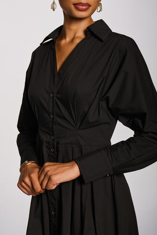 Long Sleeve Cotton Shirt Dress, Black