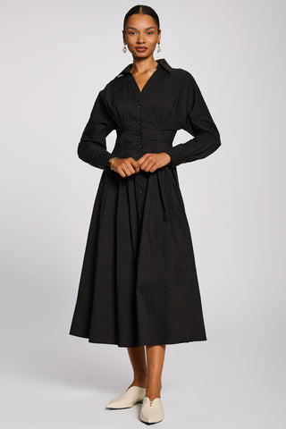 Long Sleeve Cotton Shirt Dress, Black
