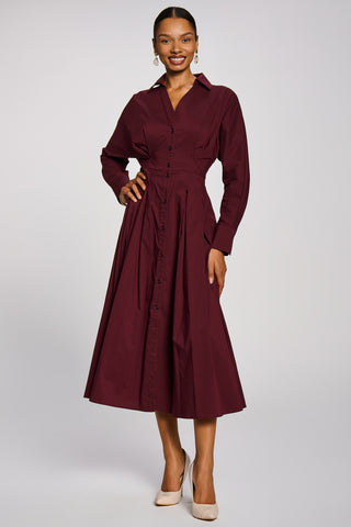 Long Sleeve Cotton Shirt Dress, Burgundy