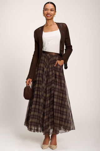 Checked Crinkle Mesh Maxi Skirt, Olive Brown