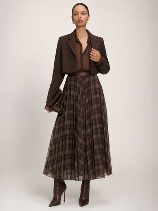 Checked Crinkle Mesh Maxi Skirt, Olive Brown