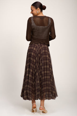 Checked Crinkle Mesh Maxi Skirt, Olive Brown