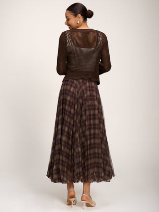 Checked Crinkle Mesh Maxi Skirt, Olive Brown