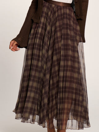 Checked Crinkle Mesh Maxi Skirt, Olive Brown