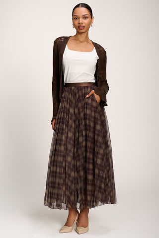 Checked Crinkle Mesh Maxi Skirt, Olive Brown