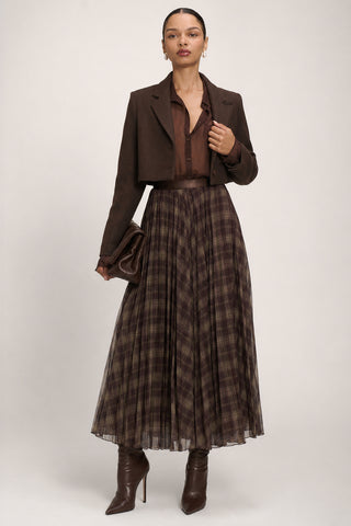 Checked Crinkle Mesh Maxi Skirt, Olive Brown