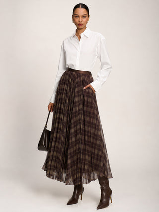 Checked Crinkle Mesh Maxi Skirt, Olive Brown