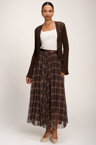 Checked Crinkle Mesh Maxi Skirt, Olive Brown