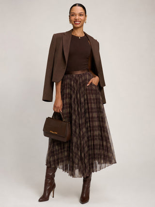 Checked Crinkle Mesh Maxi Skirt, Olive Brown