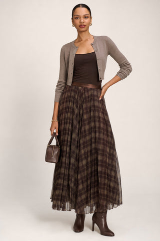 Checked Crinkle Mesh Maxi Skirt, Olive Brown