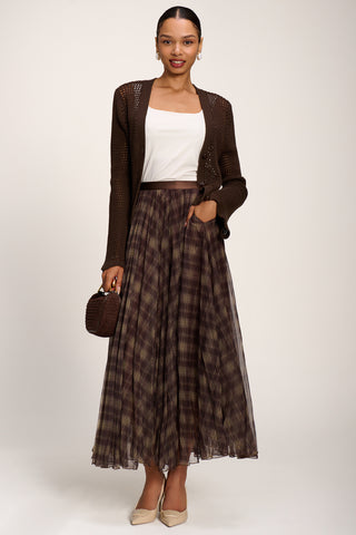 Checked Crinkle Mesh Maxi Skirt, Olive Brown