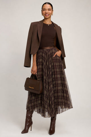 Checked Crinkle Mesh Maxi Skirt, Olive Brown