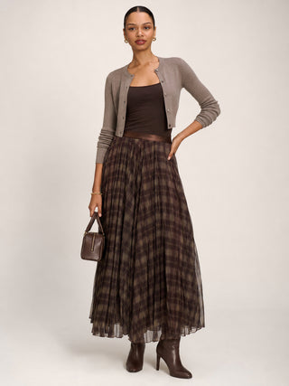 Checked Crinkle Mesh Maxi Skirt, Olive Brown