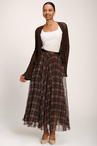 Checked Crinkle Mesh Maxi Skirt, Olive Brown