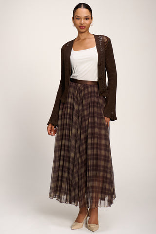 Checked Crinkle Mesh Maxi Skirt, Olive Brown