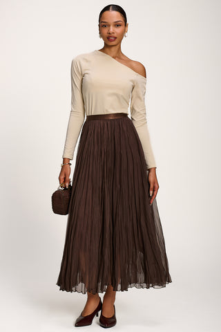 Plain Crinkle Mesh Maxi Skirt, Chocolate Brown