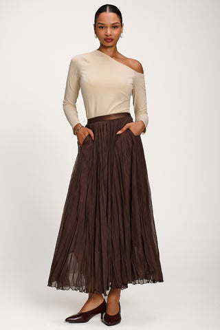 Plain Crinkle Mesh Maxi Skirt, Chocolate Brown