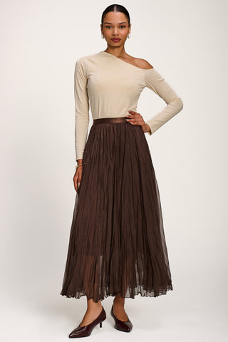 Plain Crinkle Mesh Maxi Skirt, Chocolate Brown
