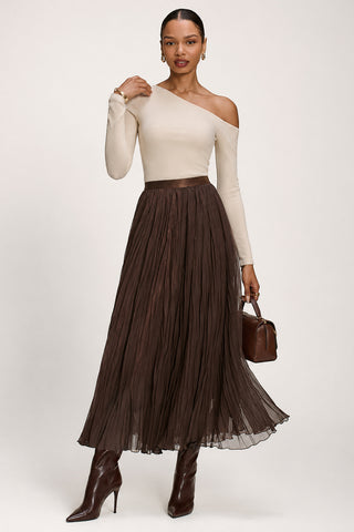 Plain Crinkle Mesh Maxi Skirt, Chocolate Brown