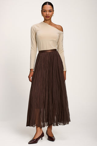 Plain Crinkle Mesh Maxi Skirt, Chocolate Brown