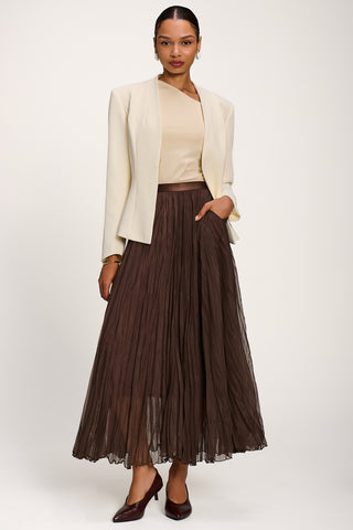 Plain Crinkle Mesh Maxi Skirt, Chocolate Brown