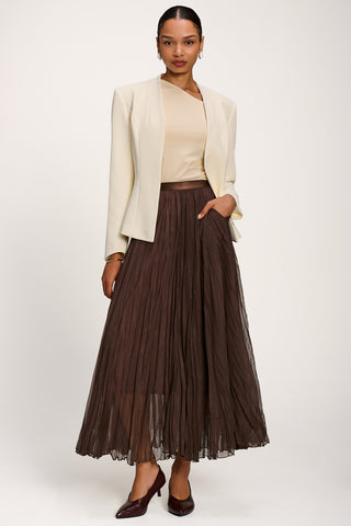 Plain Crinkle Mesh Maxi Skirt, Chocolate Brown
