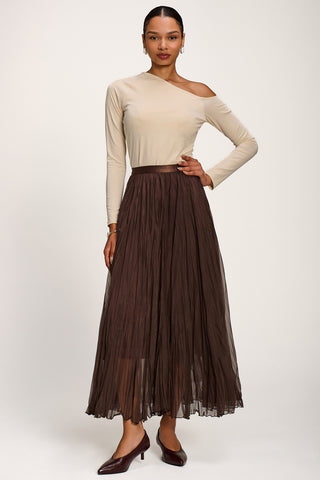 Plain Crinkle Mesh Maxi Skirt, Chocolate Brown