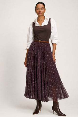 Spotty Crinkle Mesh Maxi Skirt, Brown Spot
