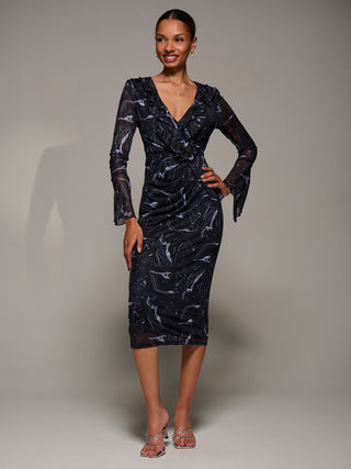 Ruffle V-Neckline Mesh Bodycon Midaxi Dress, Black Abstract