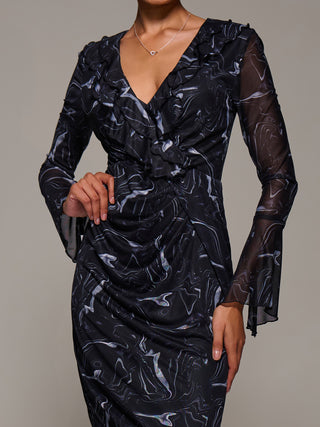 Ruffle V-Neckline Mesh Bodycon Midaxi Dress, Black Abstract