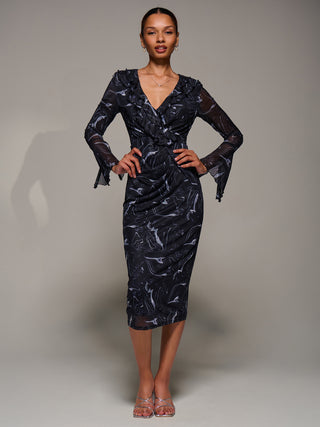 Ruffle V-Neckline Mesh Bodycon Midaxi Dress, Black Abstract