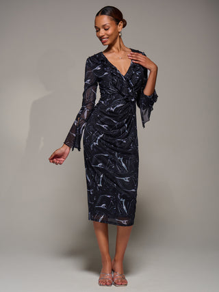 Ruffle V-Neckline Mesh Bodycon Midaxi Dress, Black Abstract