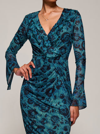 Ruffle V-Neckline Mesh Bodycon Midaxi Dress, Green Abstract