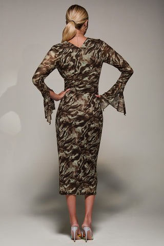 Long Sleeve Mesh Bodycon Dress Brown Abstract