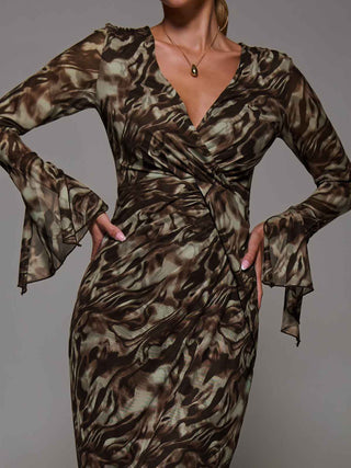 Long Sleeve Mesh Bodycon Dress Brown Abstract