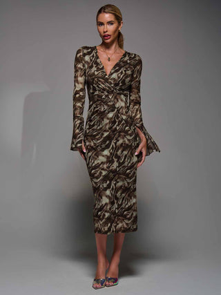 Long Sleeve Mesh Bodycon Dress Brown Abstract