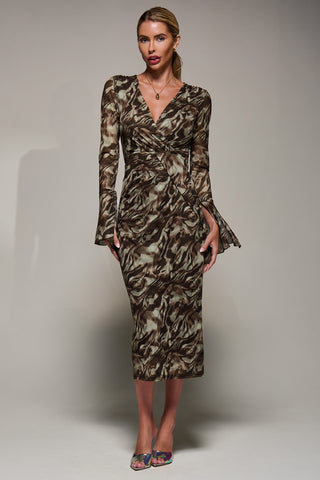 Long Sleeve Mesh Bodycon Dress Brown Abstract