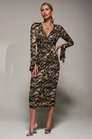 Long Sleeve Mesh Bodycon Dress Brown Abstract